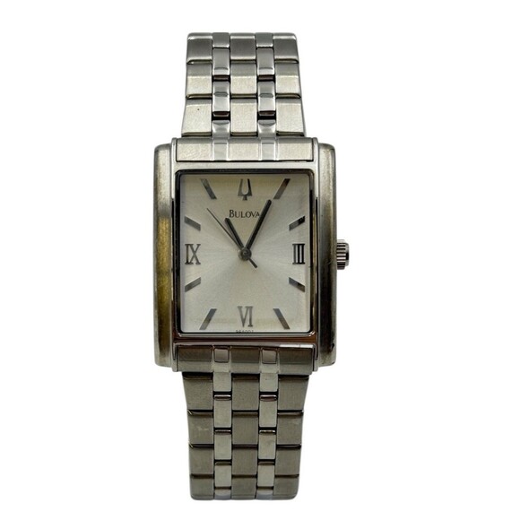 Bulova Tank Quartz Men’s Watch – Silver Rectangular Bezel, Roman Numeral - Picture 1 of 7